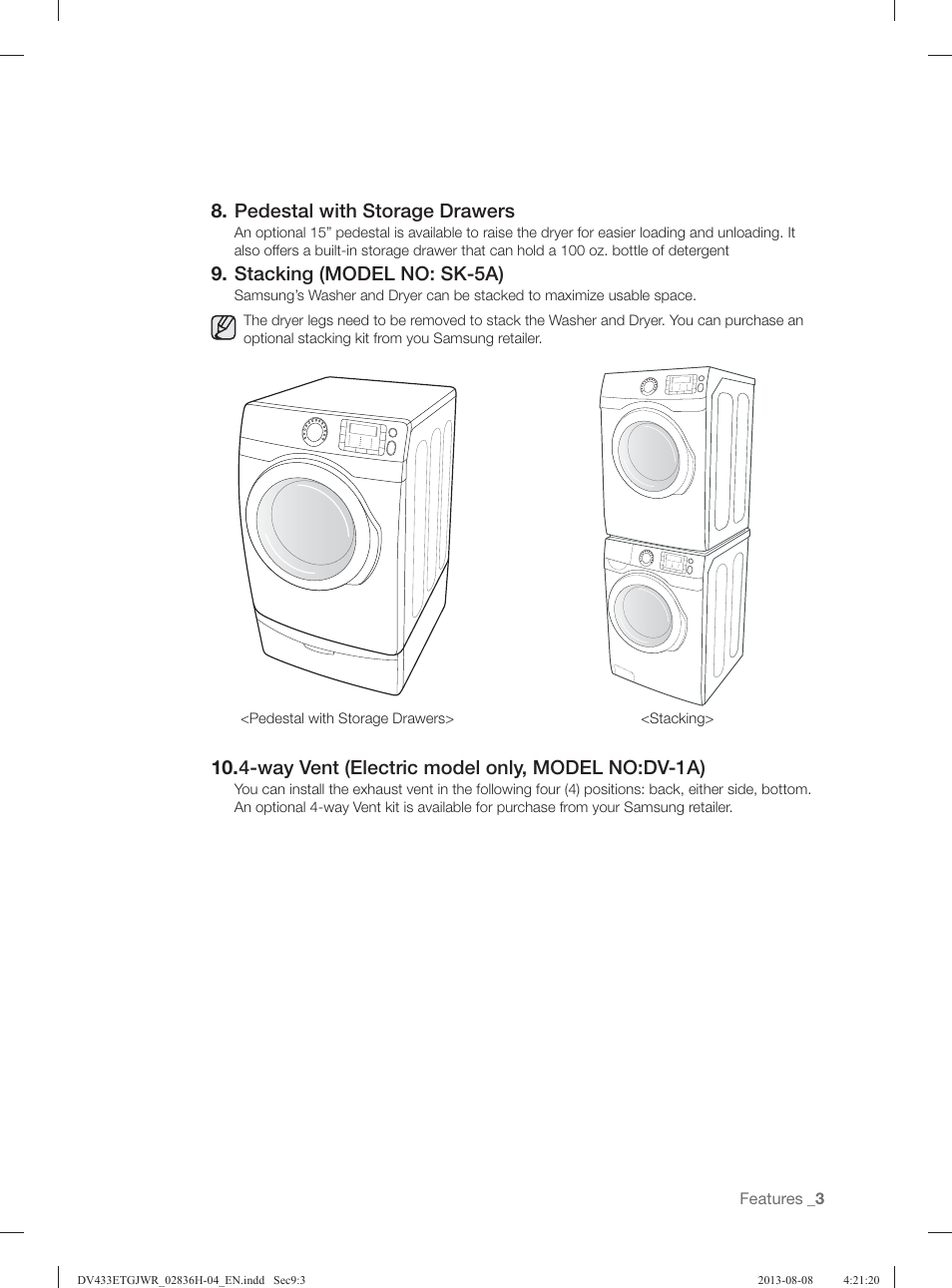 Pedestal with storage drawers, Stacking (model no: sk-5a), 4-way vent (electric model only, model no:dv-1a) | Samsung DV433ETGJWR-A1 User Manual | Page 3 / 144