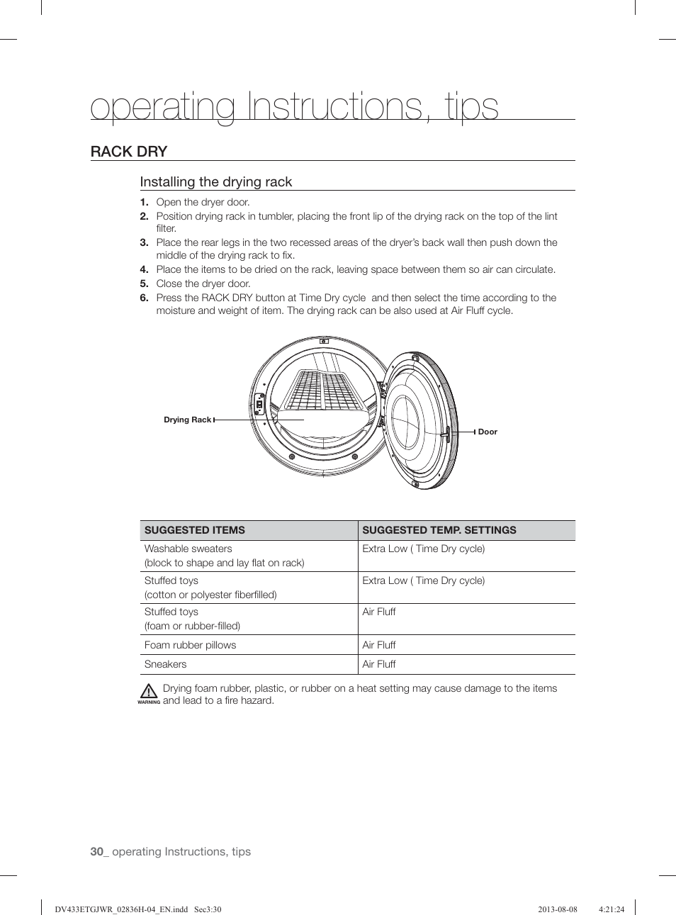 Operating instructions, tips, Rack dry, Installing the drying rack | Samsung DV433ETGJWR-A1 User Manual | Page 30 / 144