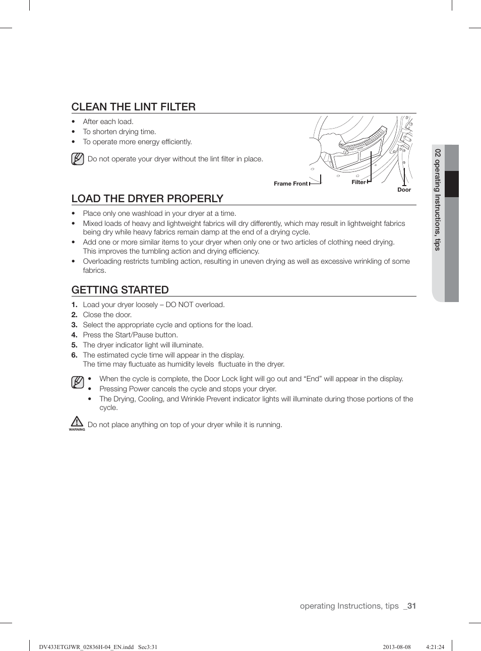 Clean the lint filter, Load the dryer properly, Getting started | Samsung DV433ETGJWR-A1 User Manual | Page 31 / 144