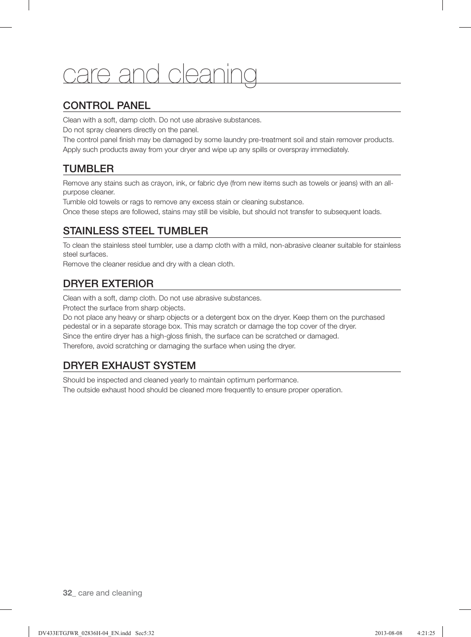 Care and cleaning, Control panel, Tumbler | Stainless steel tumbler, Dryer exterior, Dryer exhaust system | Samsung DV433ETGJWR-A1 User Manual | Page 32 / 144