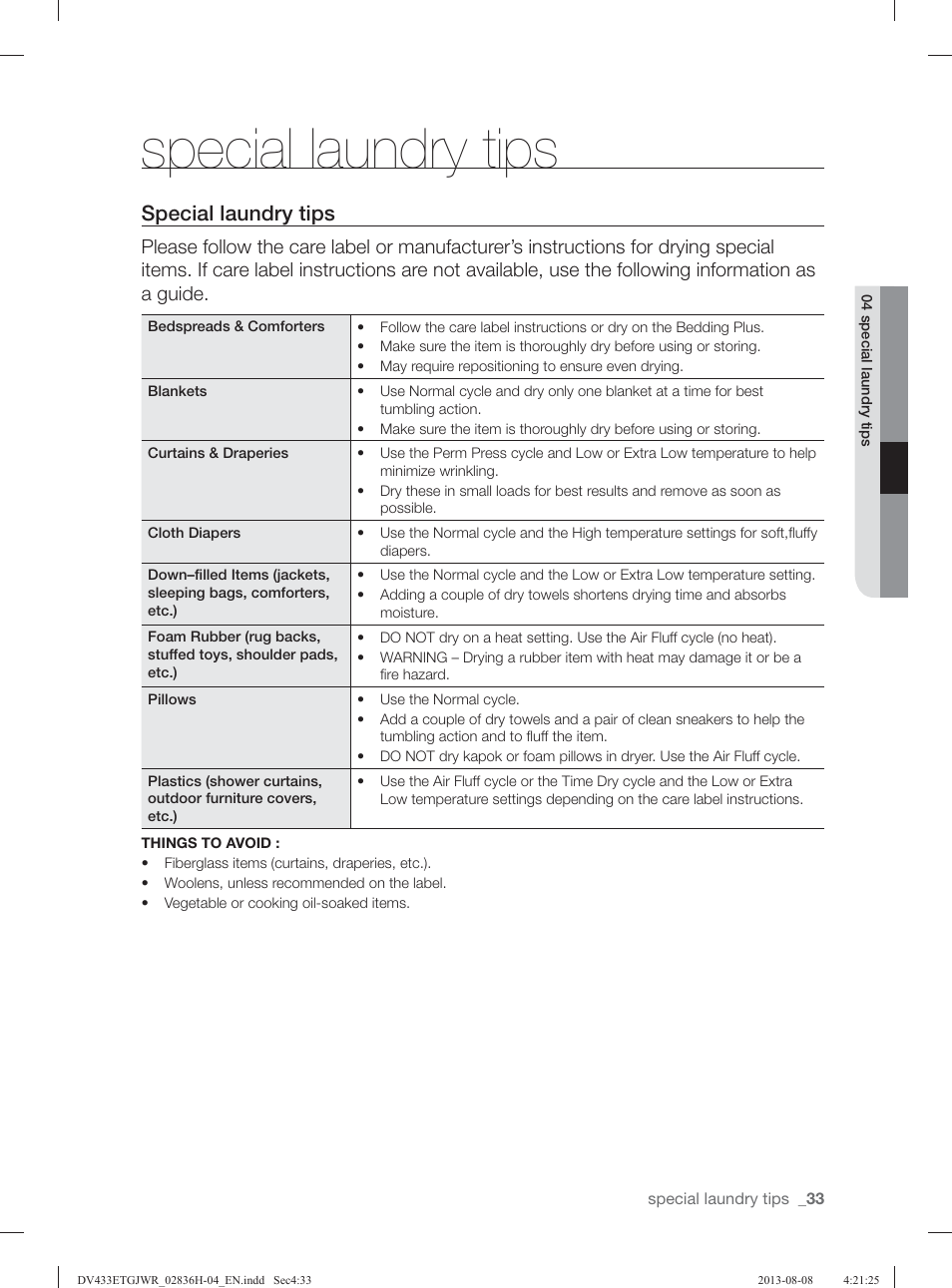 Special laundry tips | Samsung DV433ETGJWR-A1 User Manual | Page 33 / 144