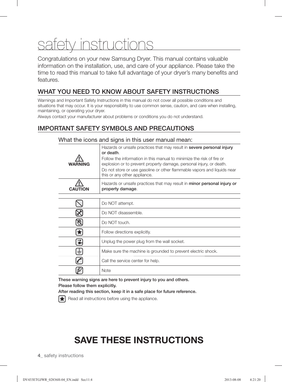Safety instructions, Save these instructions, What you need to know about safety instructions | Important safety symbols and precautions | Samsung DV433ETGJWR-A1 User Manual | Page 4 / 144