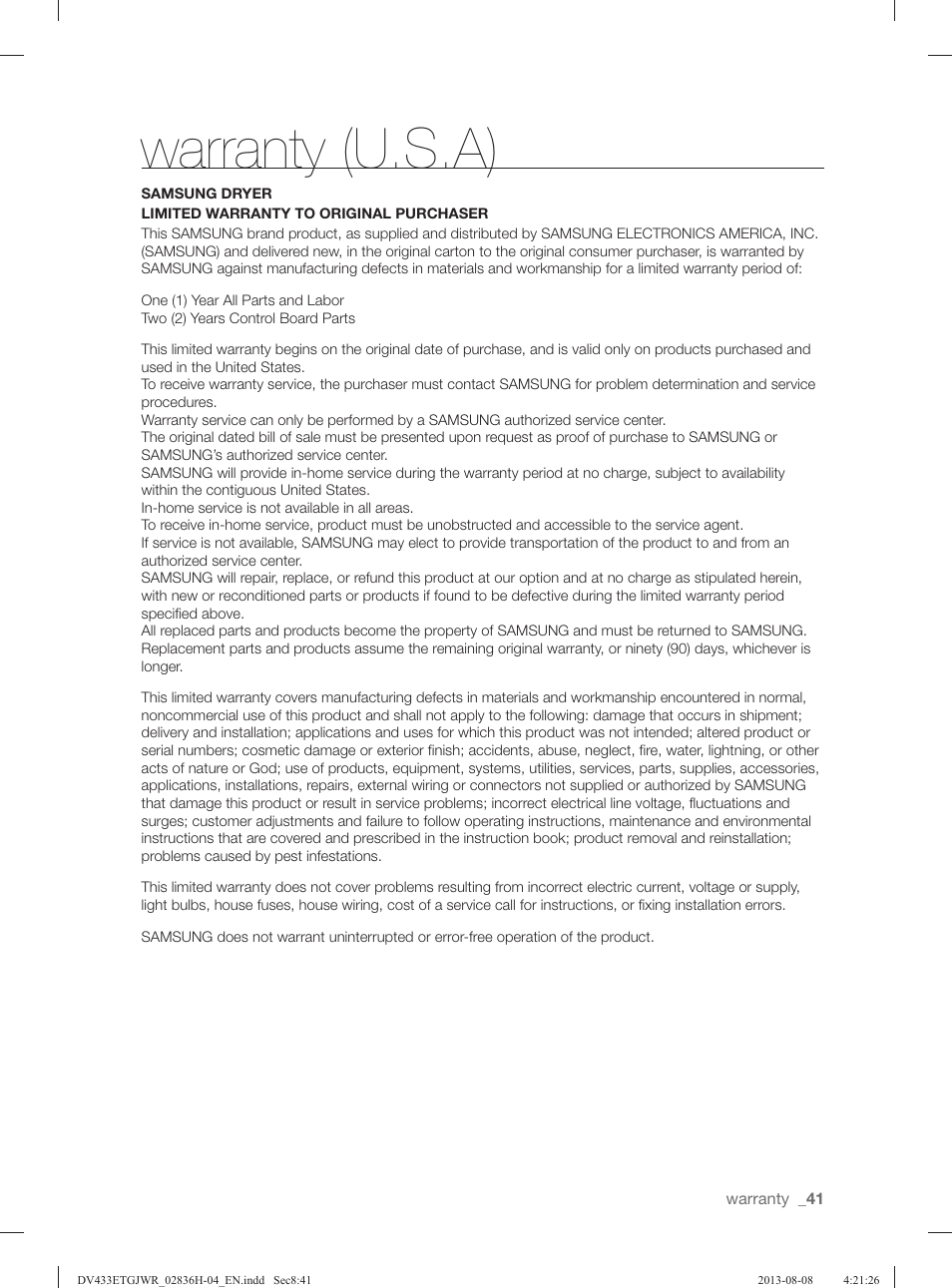 Warranty (u.s.a) | Samsung DV433ETGJWR-A1 User Manual | Page 41 / 144