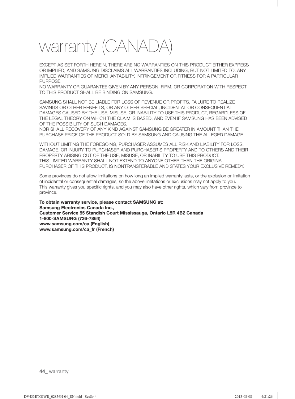 Warranty (canada) | Samsung DV433ETGJWR-A1 User Manual | Page 44 / 144