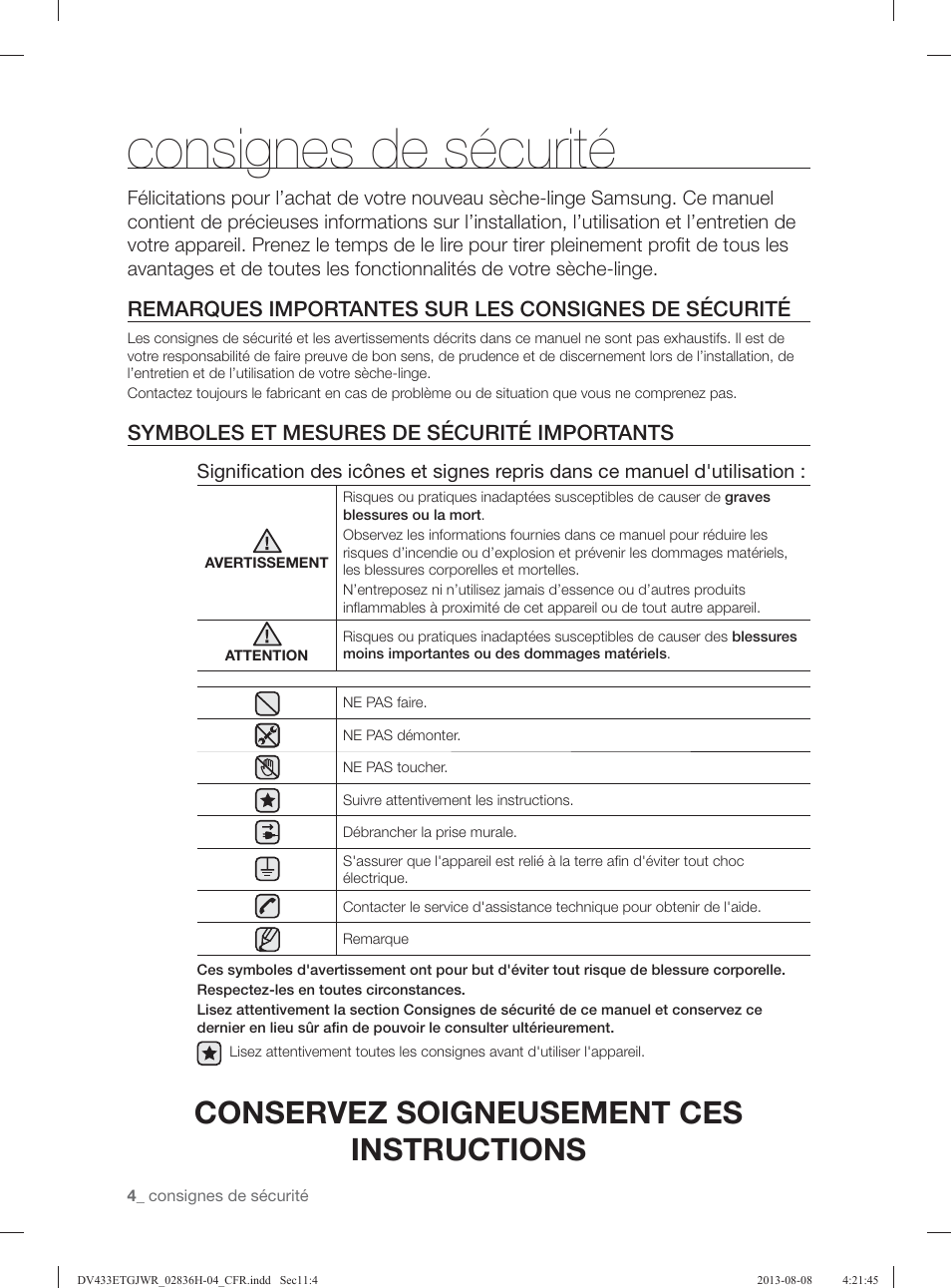 Consignes de sécurité, Conservez soigneusement ces instructions, Symboles et mesures de sécurité importants | Samsung DV433ETGJWR-A1 User Manual | Page 52 / 144
