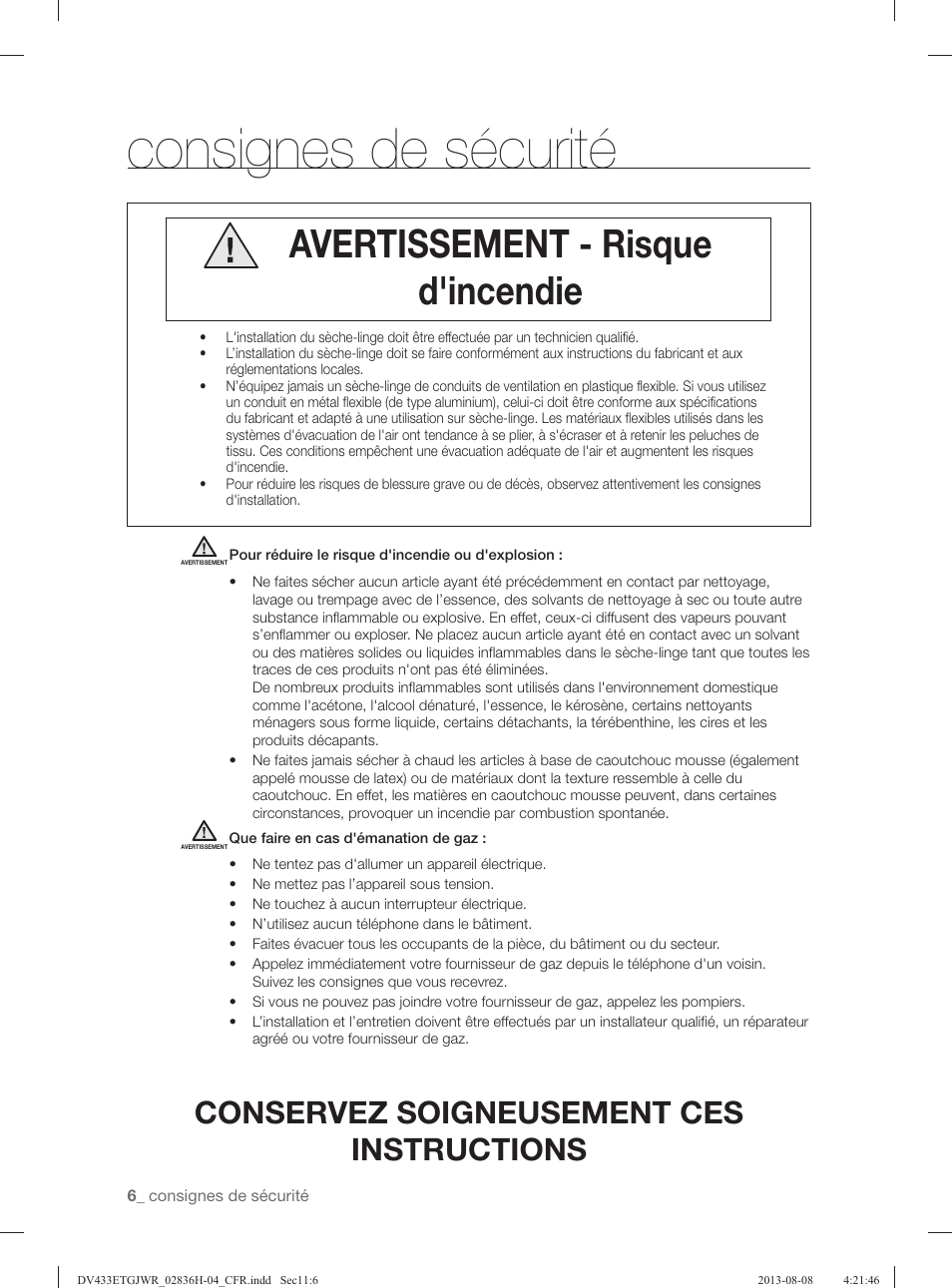 Consignes de sécurité, Avertissement - risque d'incendie, Conservez soigneusement ces instructions | Samsung DV433ETGJWR-A1 User Manual | Page 54 / 144