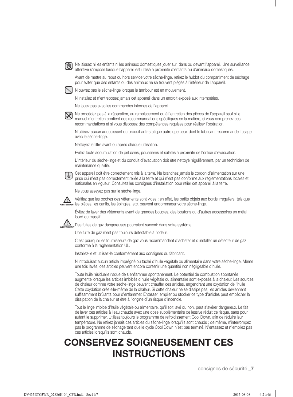 Conservez soigneusement ces instructions | Samsung DV433ETGJWR-A1 User Manual | Page 55 / 144
