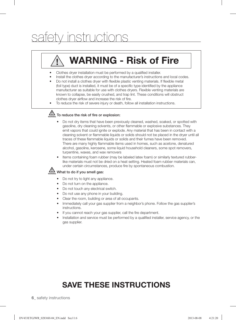 Safety instructions, Warning - risk of fire, Save these instructions | Samsung DV433ETGJWR-A1 User Manual | Page 6 / 144