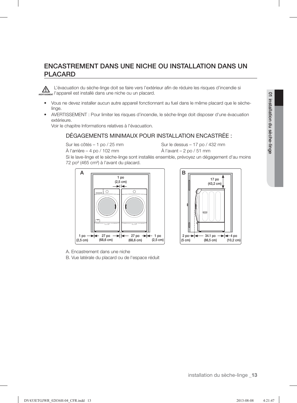 Dégagements minimaux pour installation encastrée | Samsung DV433ETGJWR-A1 User Manual | Page 61 / 144