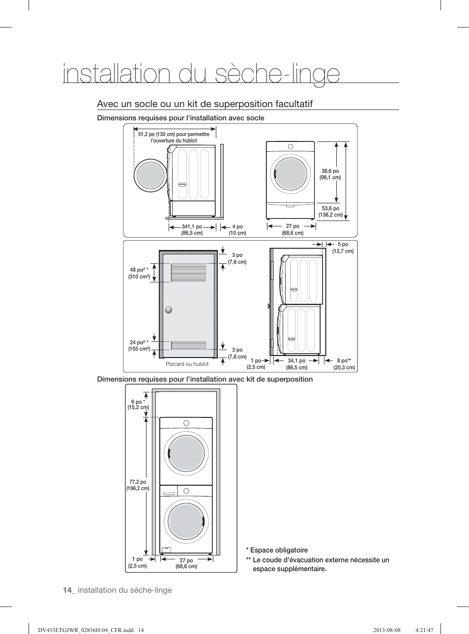 Installation du sèche-linge | Samsung DV433ETGJWR-A1 User Manual | Page 62 / 144