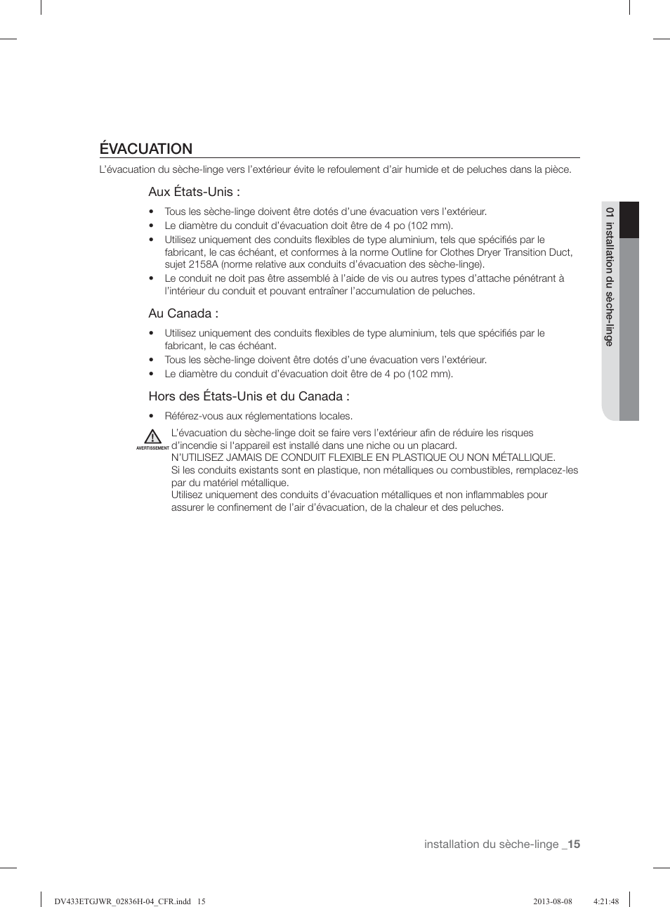 Évacuation | Samsung DV433ETGJWR-A1 User Manual | Page 63 / 144