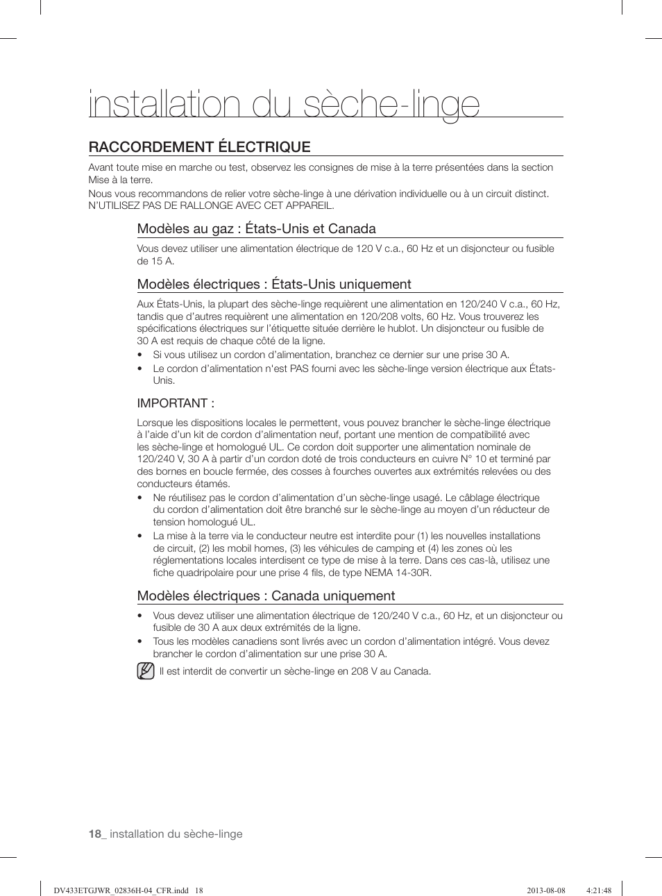 Installation du sèche-linge, Raccordement électrique | Samsung DV433ETGJWR-A1 User Manual | Page 66 / 144