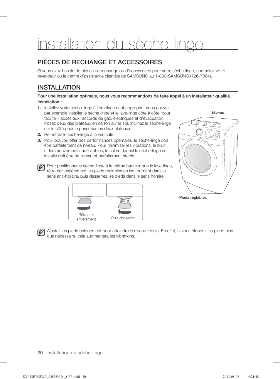 Installation du sèche-linge, Pièces de rechange et accessoires, Installation | Samsung DV433ETGJWR-A1 User Manual | Page 68 / 144