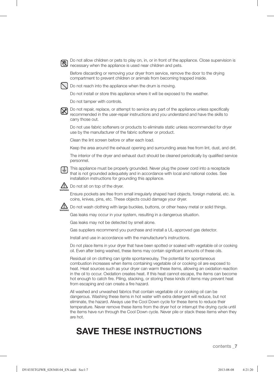 Save these instructions | Samsung DV433ETGJWR-A1 User Manual | Page 7 / 144