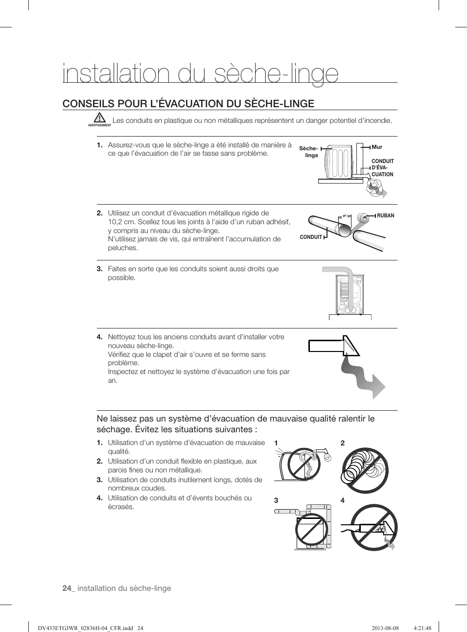 Installation du sèche-linge, Conseils pour l’évacuation du sèche-linge | Samsung DV433ETGJWR-A1 User Manual | Page 72 / 144