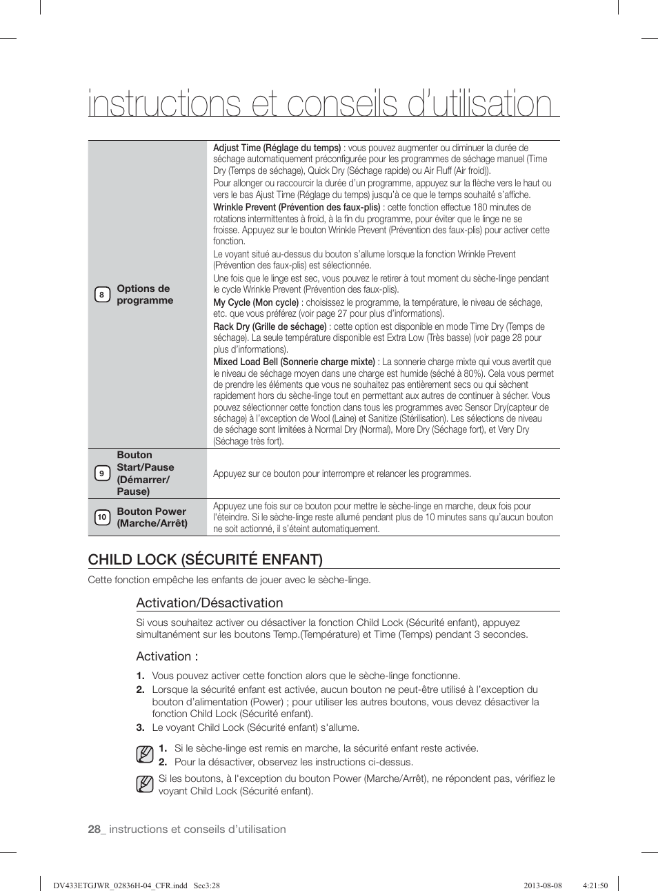 Instructions et conseils d’utilisation, Child lock (sécurité enfant), Activation/désactivation | Samsung DV433ETGJWR-A1 User Manual | Page 76 / 144