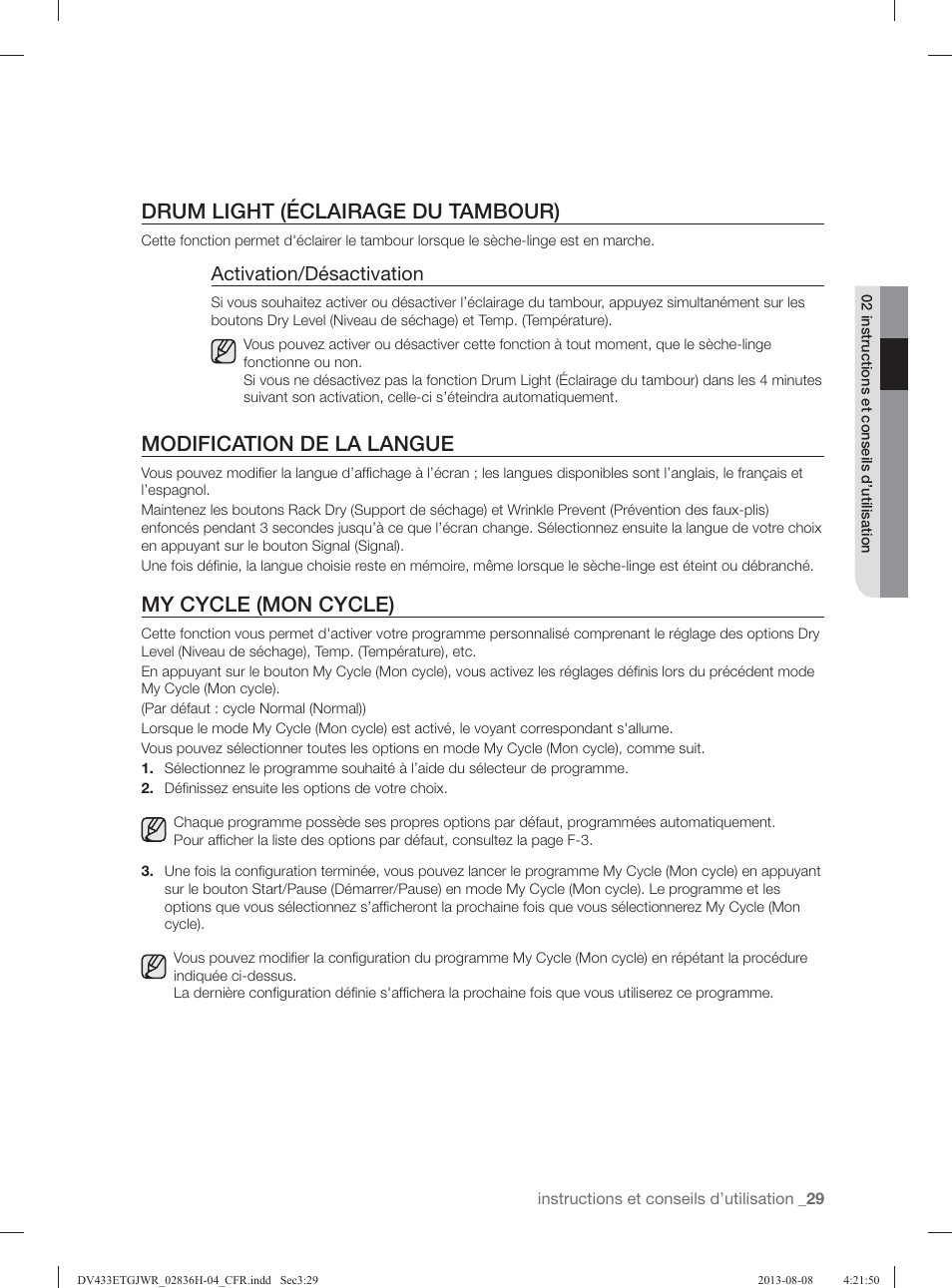 Drum light (éclairage du tambour), Modification de la langue, My cycle (mon cycle) | Activation/désactivation | Samsung DV433ETGJWR-A1 User Manual | Page 77 / 144
