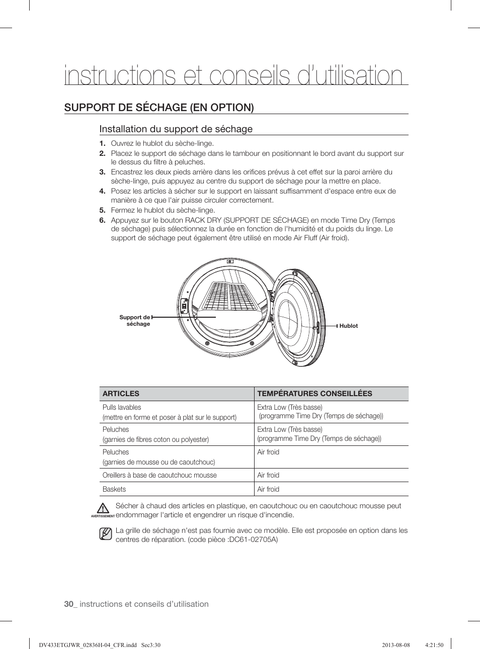 Instructions et conseils d’utilisation, Support de séchage (en option), Installation du support de séchage | Samsung DV433ETGJWR-A1 User Manual | Page 78 / 144