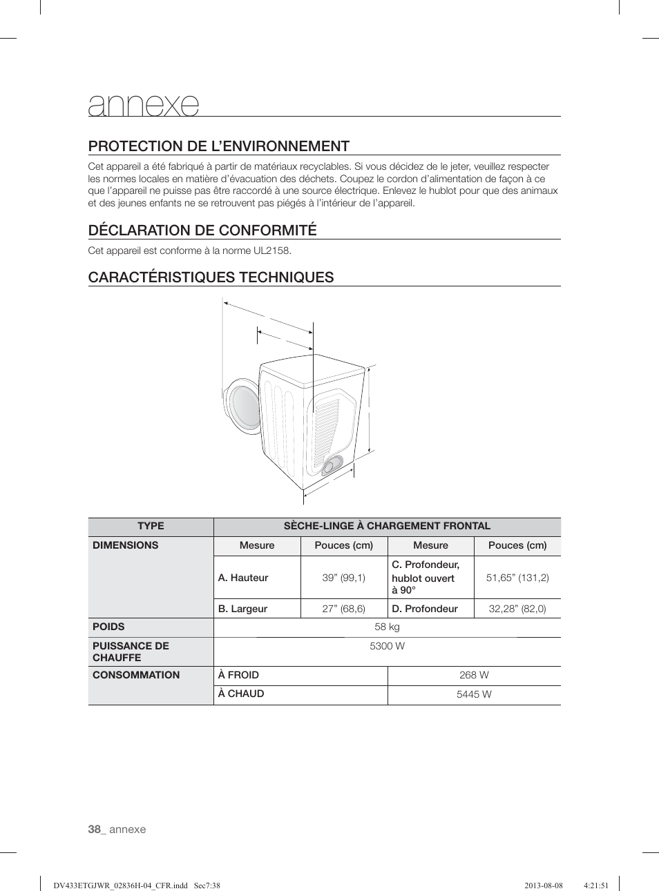 Annexe, Protection de l’environnement, Déclaration de conformité | Caractéristiques techniques | Samsung DV433ETGJWR-A1 User Manual | Page 86 / 144