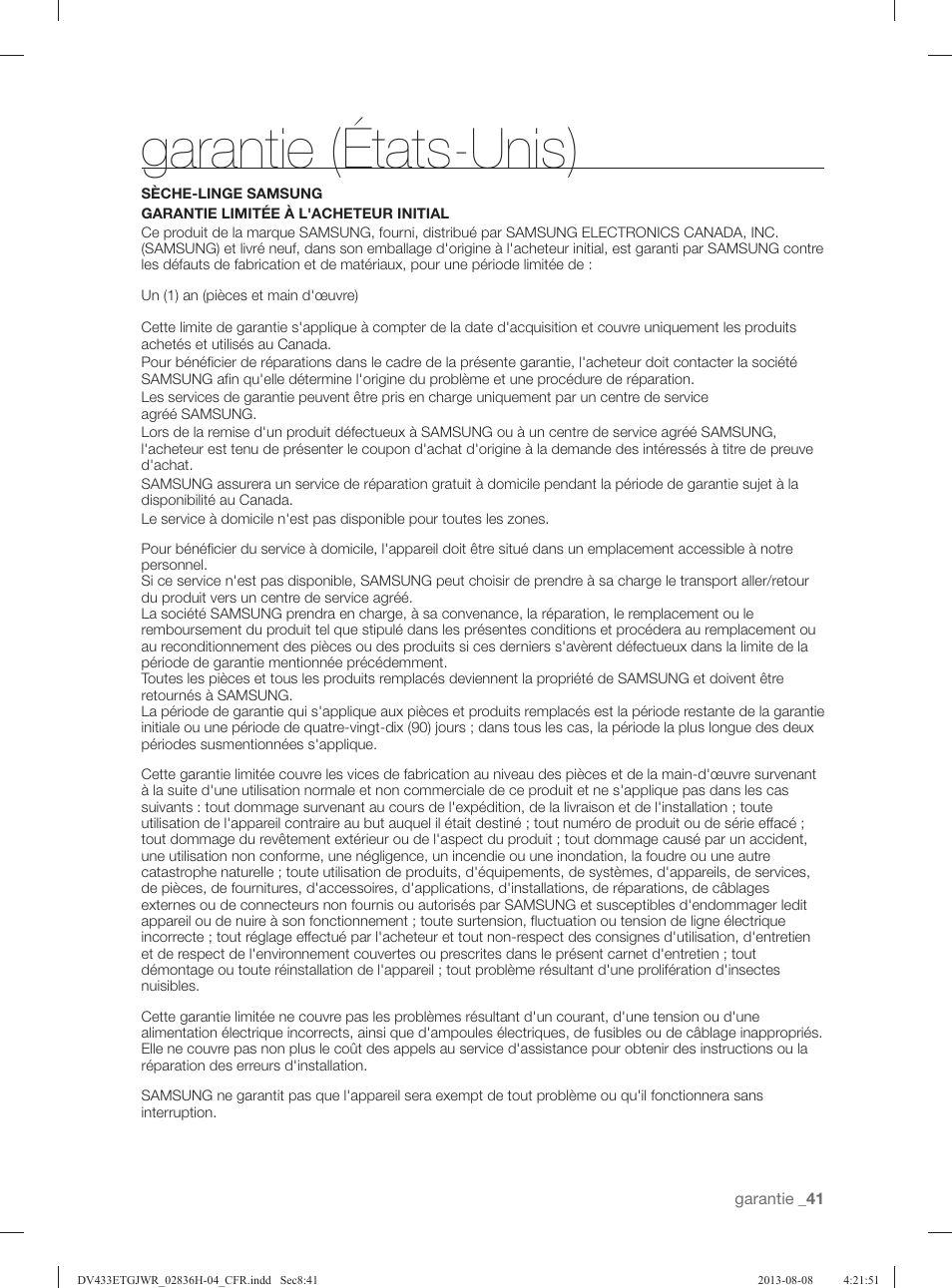 Garantie (états-unis) | Samsung DV433ETGJWR-A1 User Manual | Page 89 / 144
