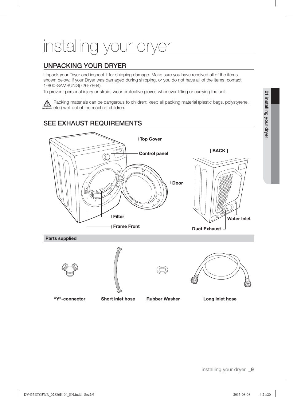 Installing your dryer, Unpacking your dryer, See exhaust requirements | Samsung DV433ETGJWR-A1 User Manual | Page 9 / 144