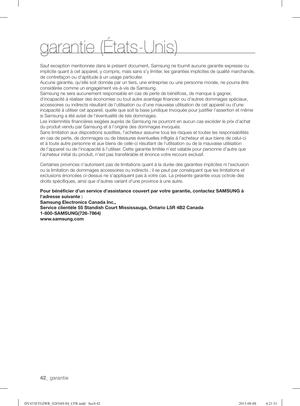 Garantie (états-unis) | Samsung DV433ETGJWR-A1 User Manual | Page 90 / 144