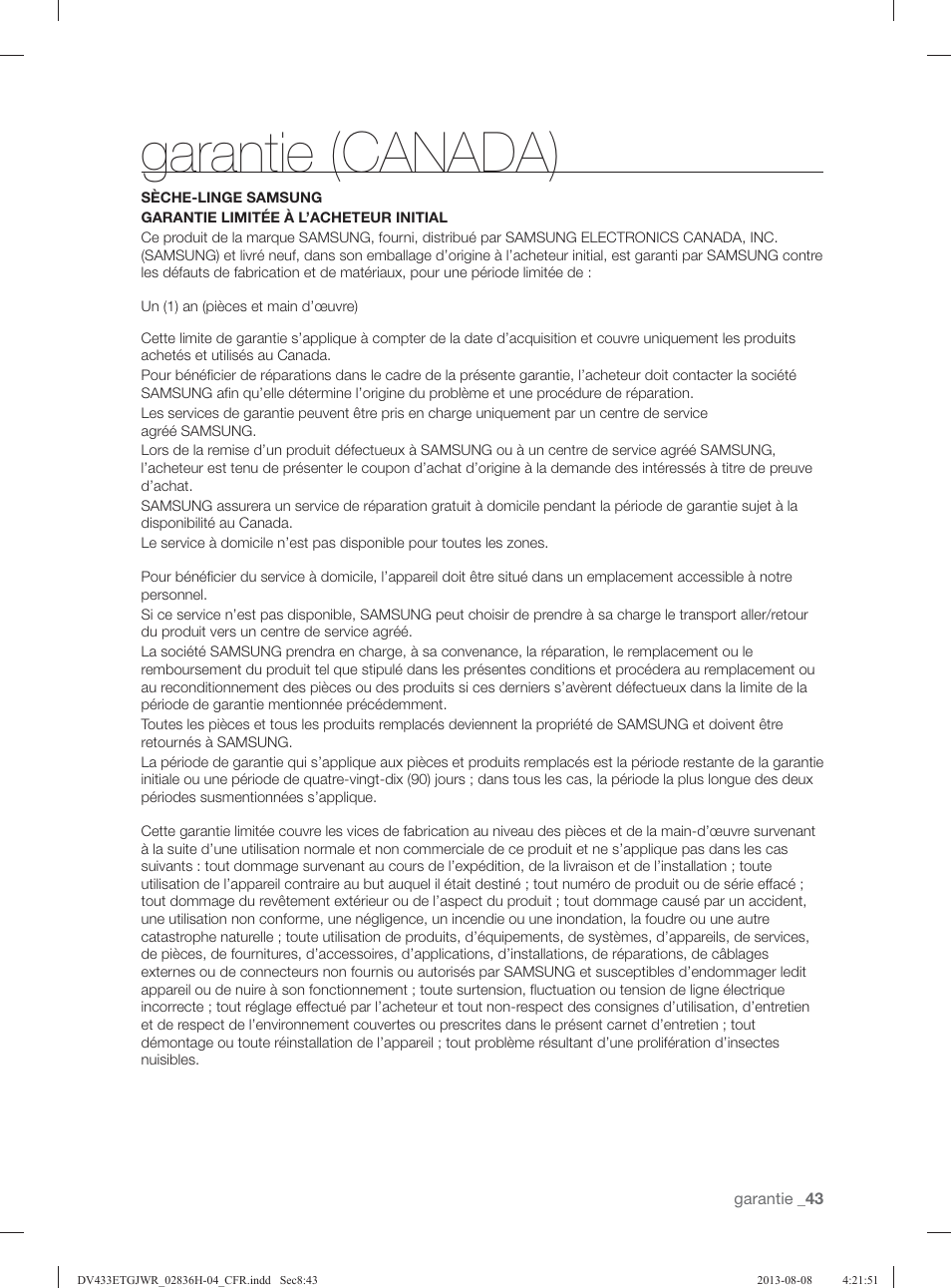 Garantie (canada) | Samsung DV433ETGJWR-A1 User Manual | Page 91 / 144