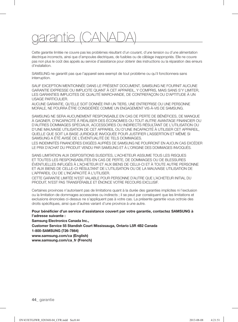 Garantie (canada) | Samsung DV433ETGJWR-A1 User Manual | Page 92 / 144