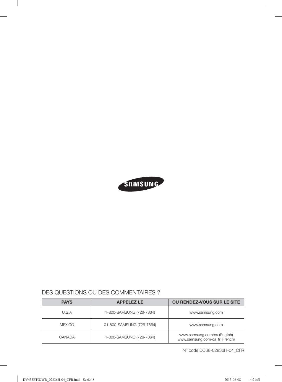 Des questions ou des commentaires | Samsung DV433ETGJWR-A1 User Manual | Page 96 / 144