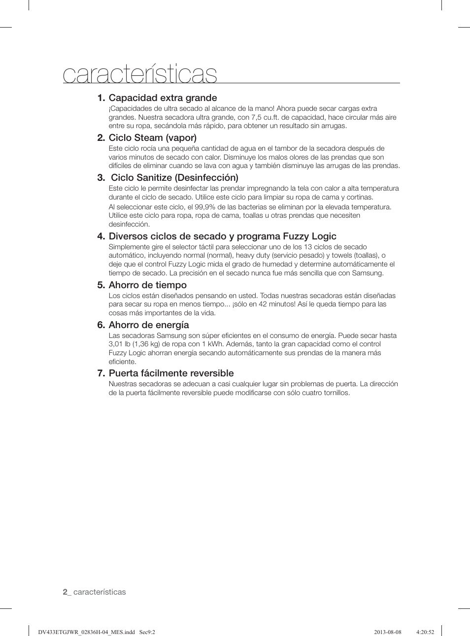 Características | Samsung DV433ETGJWR-A1 User Manual | Page 98 / 144