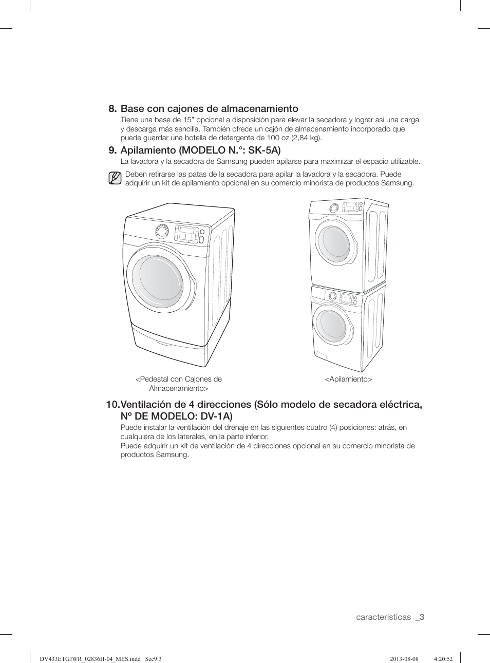 Base con cajones de almacenamiento, Apilamiento (modelo n.°: sk-5a) | Samsung DV433ETGJWR-A1 User Manual | Page 99 / 144