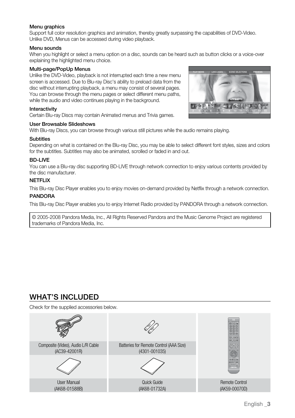 What’s included, English | Samsung BD-P2550-XAC User Manual | Page 3 / 75