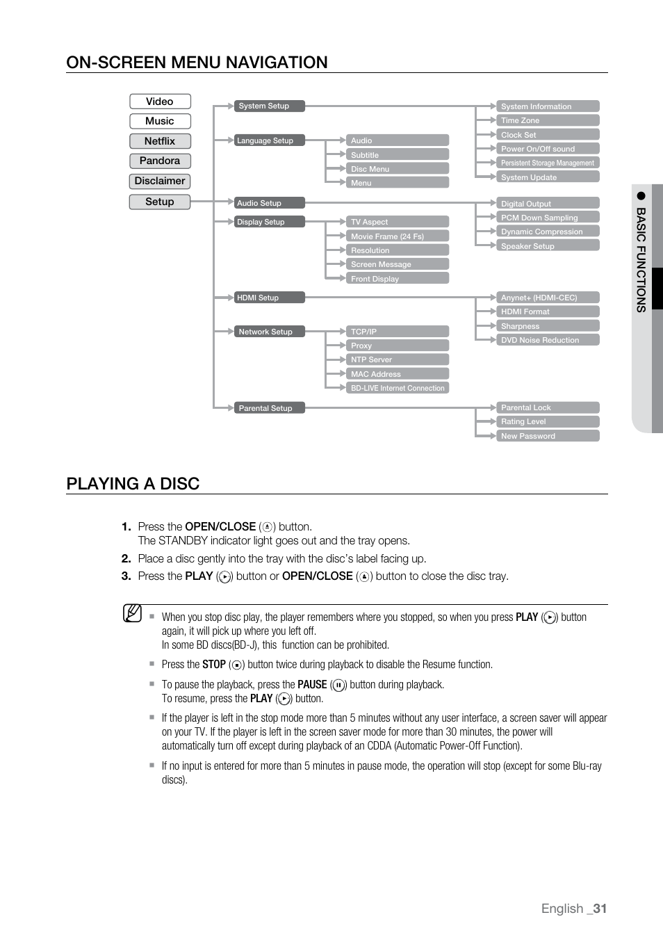 On-screen menu navigation, Playing a disc, On-screen menu navigation playing a disc | English | Samsung BD-P2550-XAC User Manual | Page 31 / 75