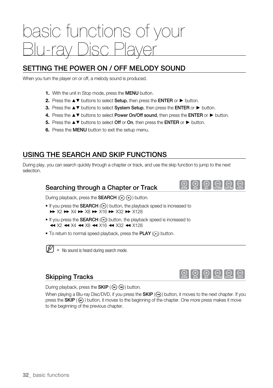 Setting the power on / off melody sound, Using the search and skip functions, Basic functions of your blu-ray disc player | Hgfzcv | Samsung BD-P2550-XAC User Manual | Page 32 / 75