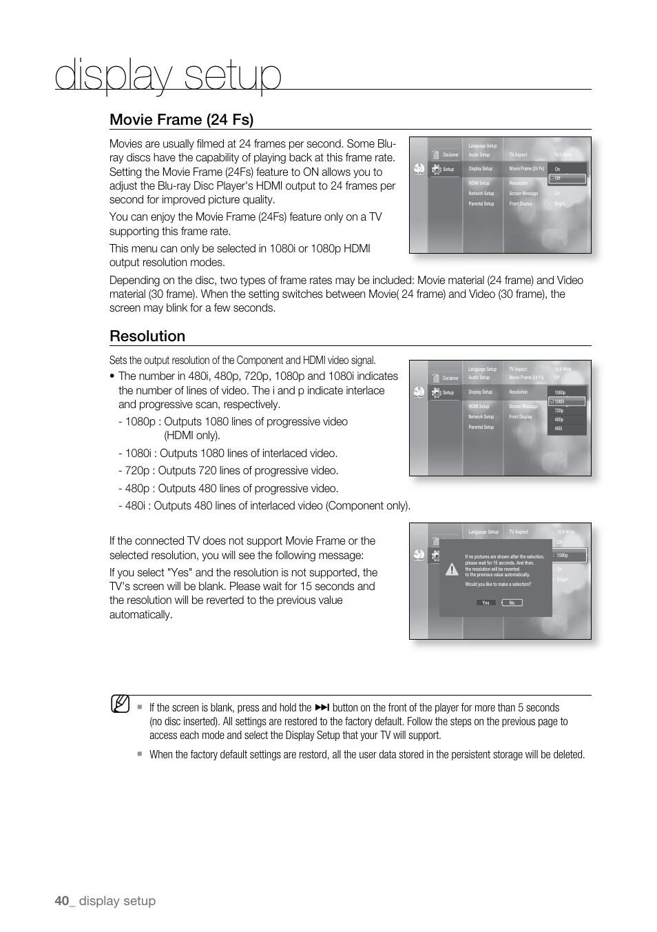 Movie frame (24 fs), Resolution, Display setup | Samsung BD-P2550-XAC User Manual | Page 40 / 75