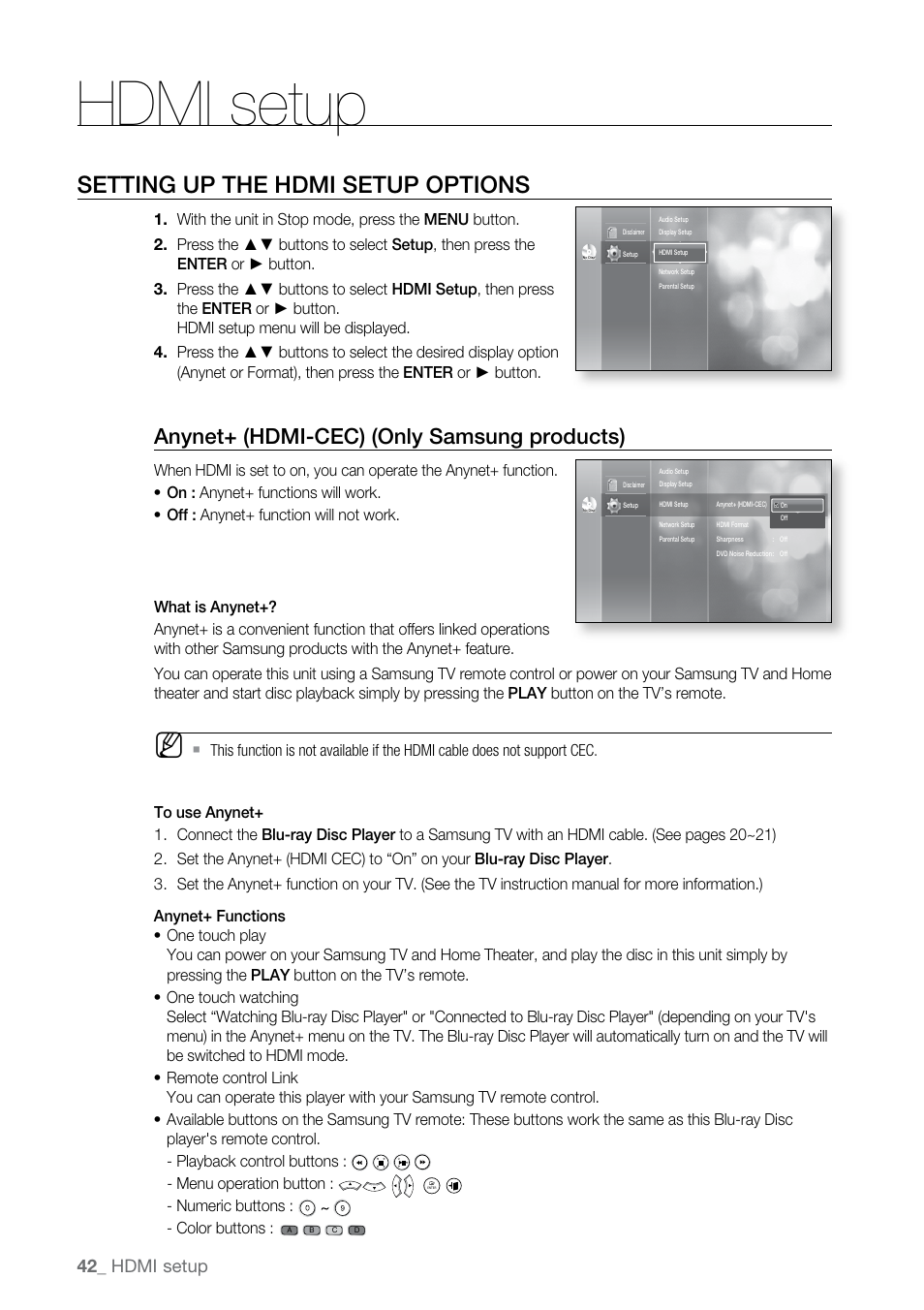 Hdmi setup, Setting up the hdmi setup options, Anynet+ (hdmi-cec) (only samsung products) | Menu operation button, Numeric buttons, Color buttons | Samsung BD-P2550-XAC User Manual | Page 42 / 75