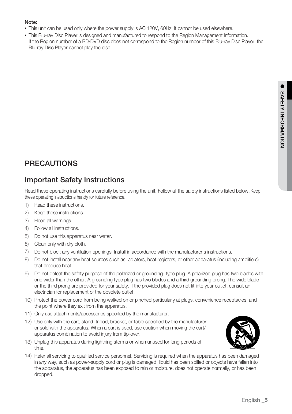 Precautions, Precautions important safety instructions | Samsung BD-P2550-XAC User Manual | Page 5 / 75
