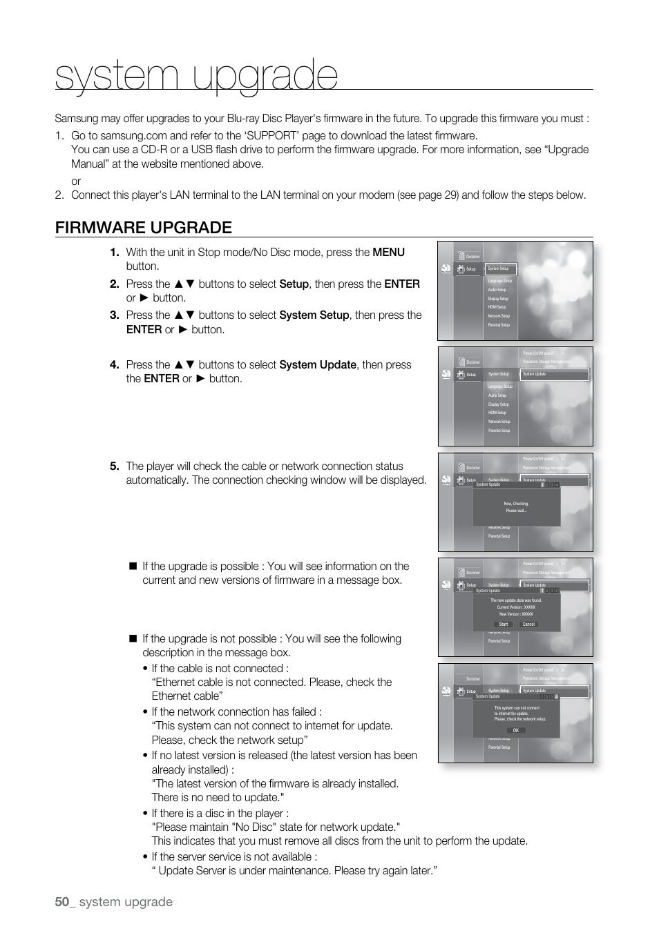 System upgrade, Firmware upgrade | Samsung BD-P2550-XAC User Manual | Page 50 / 75