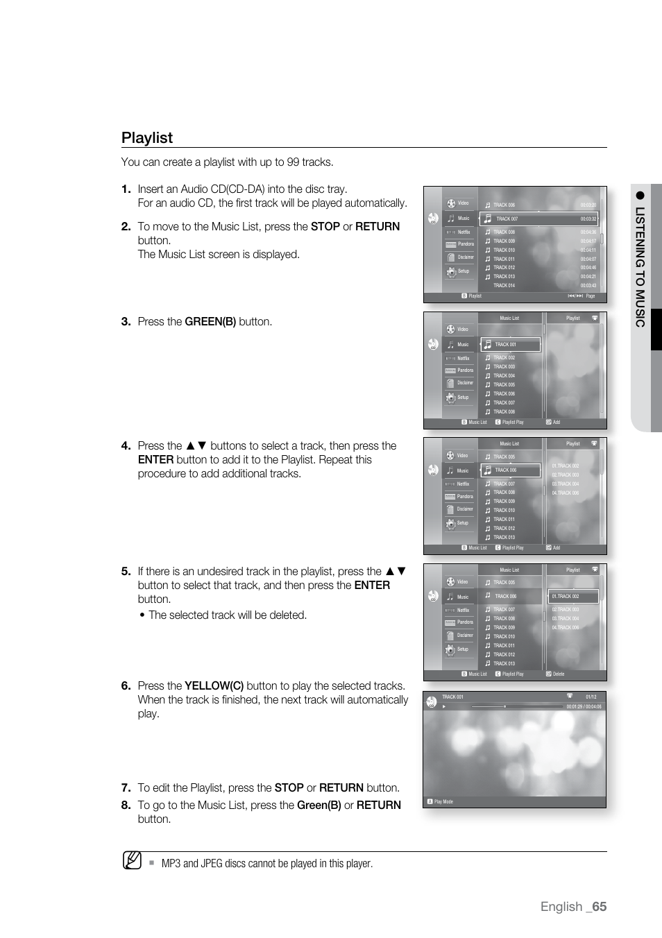 Playlist, English, Listening to music | Samsung BD-P2550-XAC User Manual | Page 65 / 75