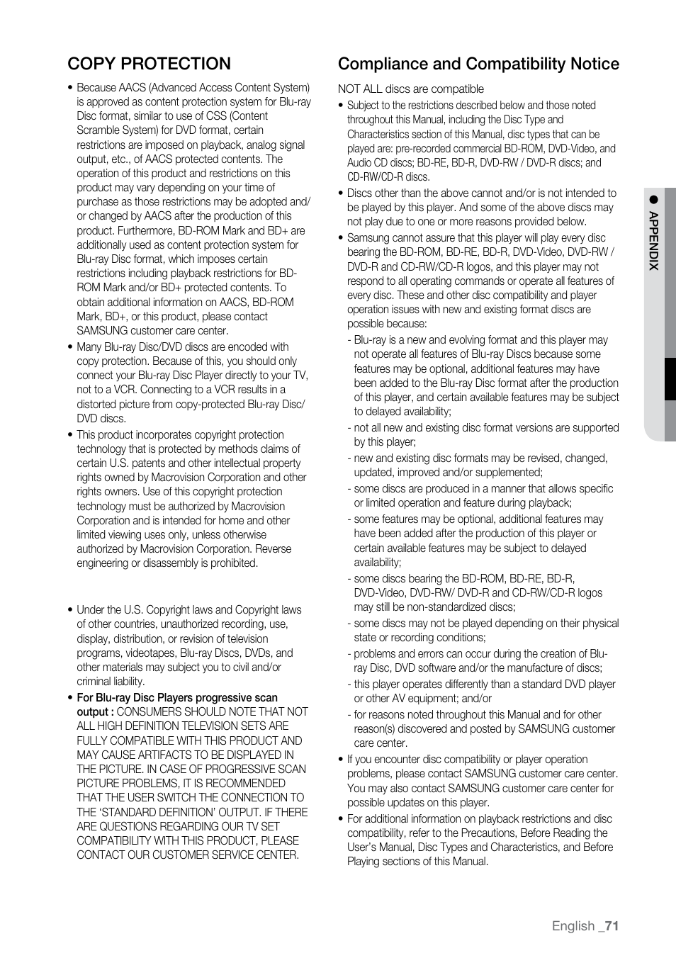 Copy protection, Compliance and compatibility notice | Samsung BD-P2550-XAC User Manual | Page 71 / 75