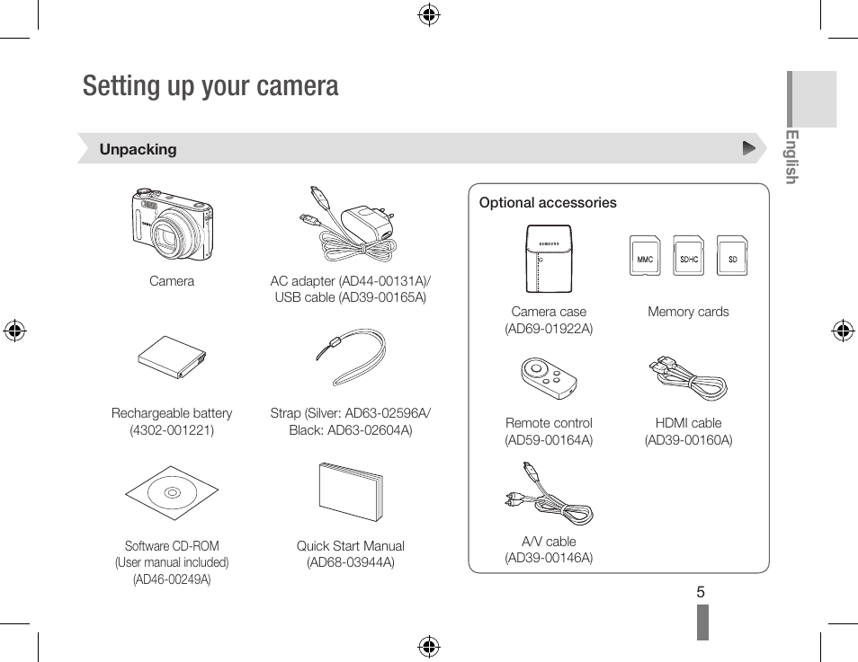 Setting up your camera | Samsung EC-HZ15WABP-US User Manual | Page 5 / 22