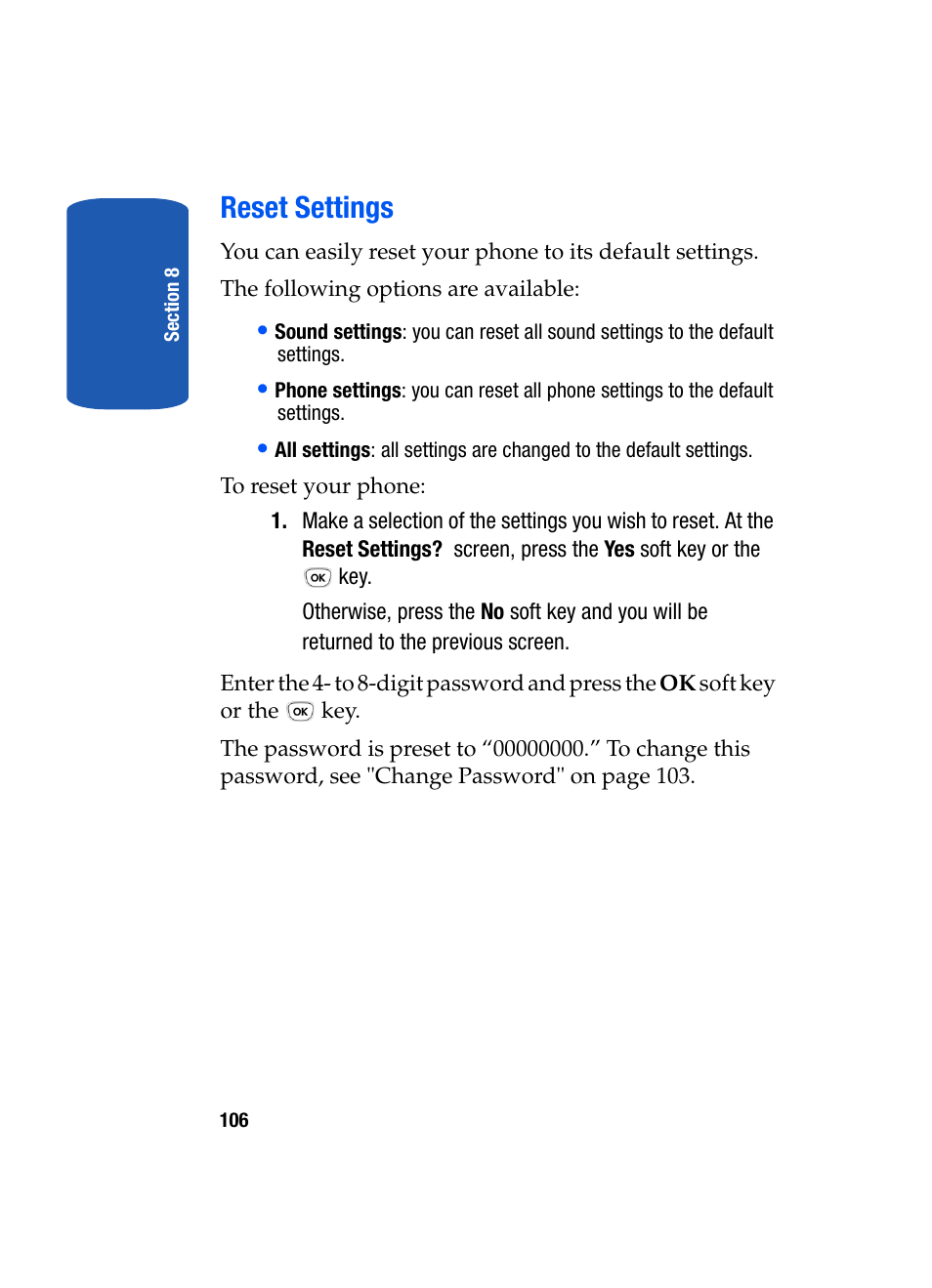 Reset settings | Samsung SGH-T319NBBTMB User Manual | Page 110 / 182