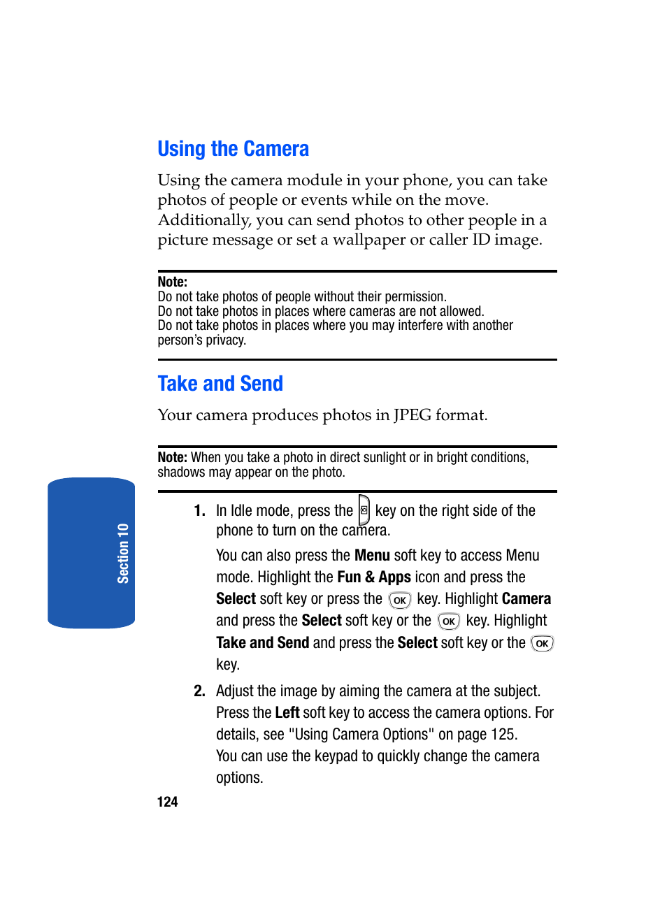 Using the camera take and send, Using the camera, Take and send | Samsung SGH-T319NBBTMB User Manual | Page 128 / 182