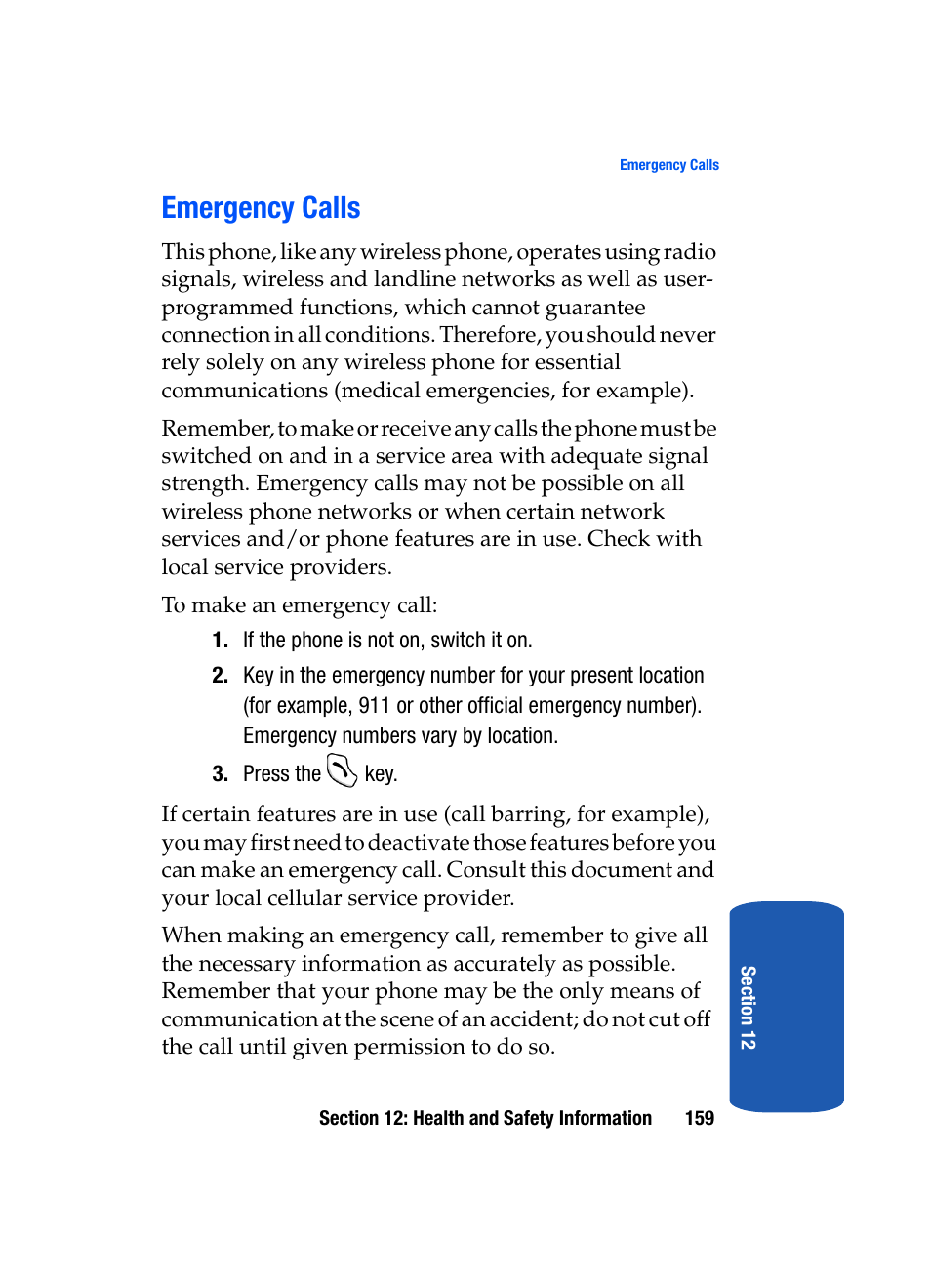 Emergency calls | Samsung SGH-T319NBBTMB User Manual | Page 163 / 182