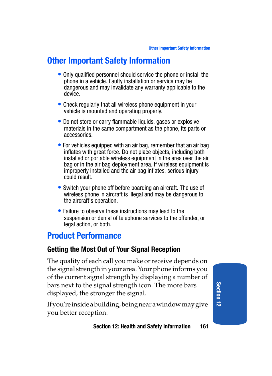 Other important safety information, Product performance | Samsung SGH-T319NBBTMB User Manual | Page 165 / 182