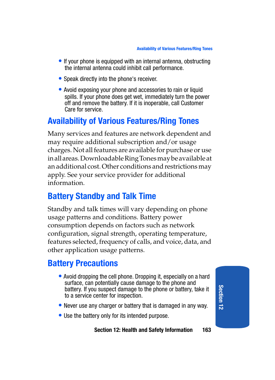 Availability of various features/ring tones, Battery standby and talk time, Battery precautions | Samsung SGH-T319NBBTMB User Manual | Page 167 / 182