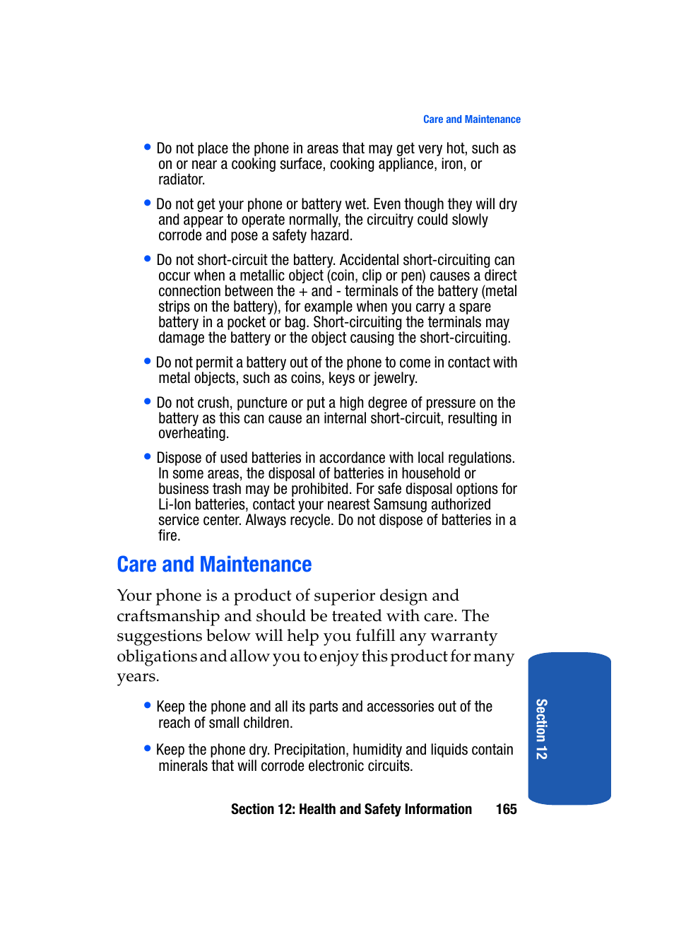 Care and maintenance | Samsung SGH-T319NBBTMB User Manual | Page 169 / 182