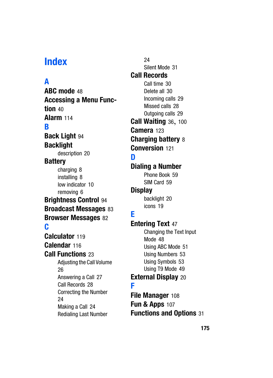 Index | Samsung SGH-T319NBBTMB User Manual | Page 179 / 182