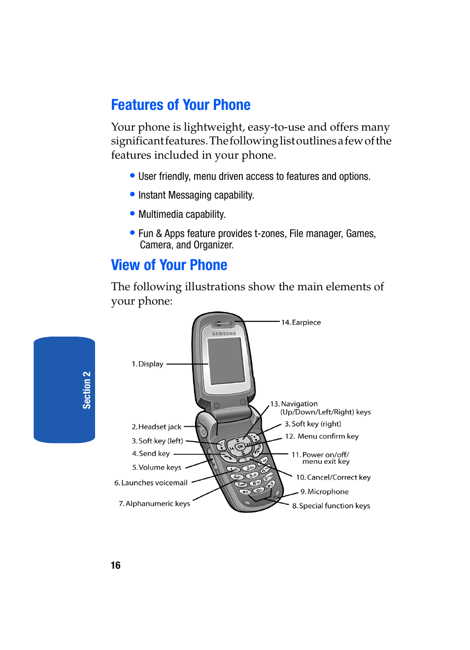 Features of your phone view of your phone, Features of your phone, View of your phone | Samsung SGH-T319NBBTMB User Manual | Page 20 / 182