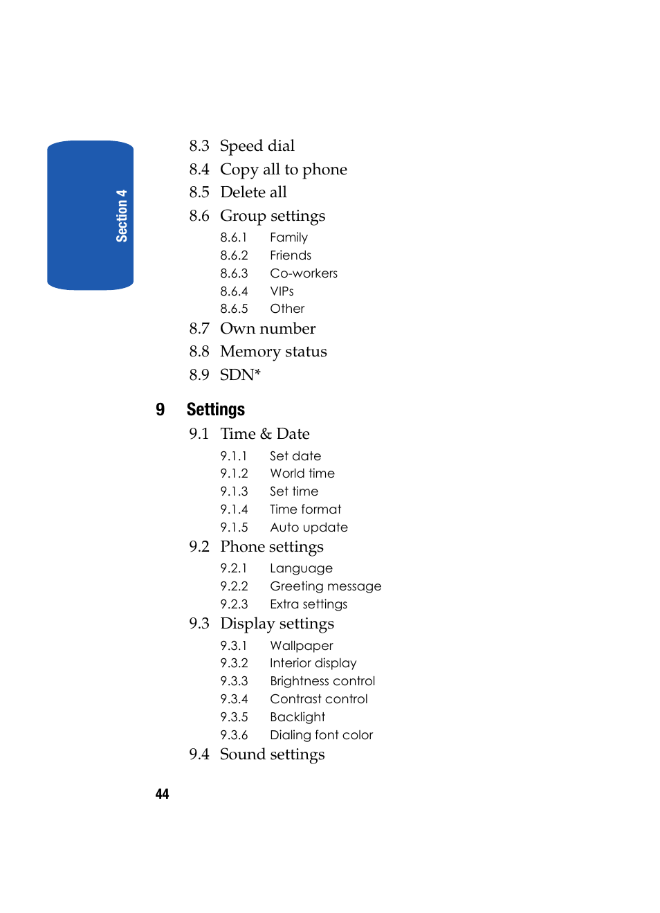 9settings, 1 time & date, 2 phone settings | 3 display settings, 4 sound settings | Samsung SGH-T319NBBTMB User Manual | Page 48 / 182